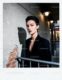 Confident woman in black blazer standing by urban wall