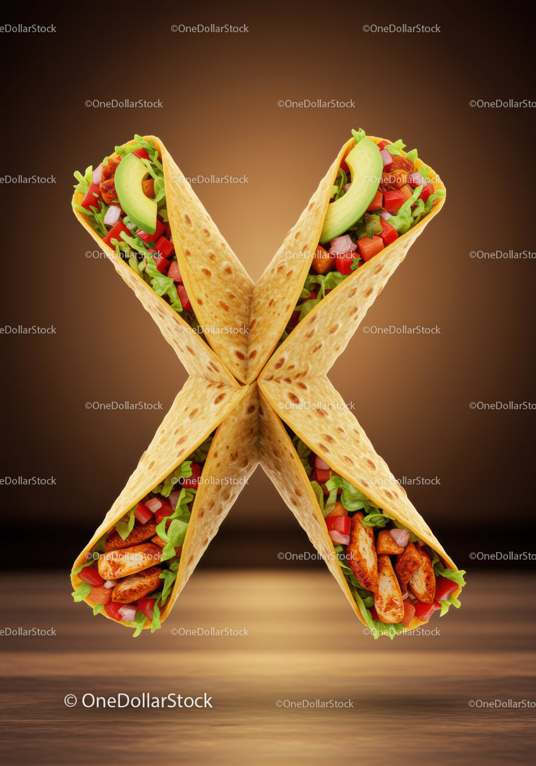 Cztery burrito z kurczakiem ułożone w kształt litery X