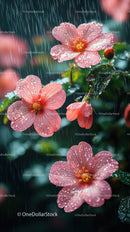 Pink Flowers in Rain with Water Droplets and Lush Greenery
