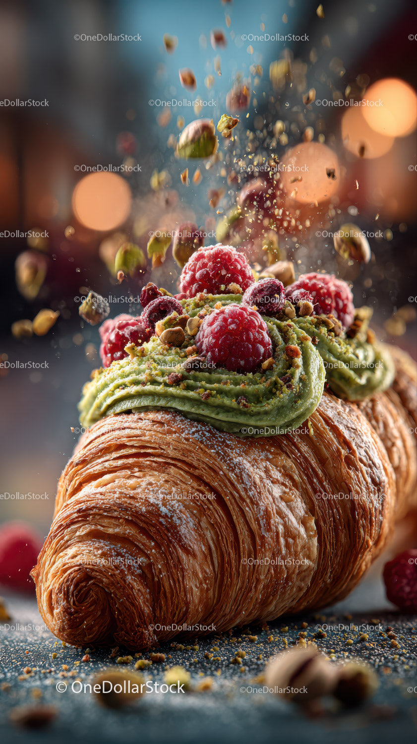 Croissant gourmet z kremem pistacjowym i malinami
