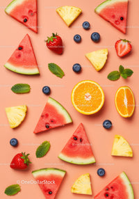 Assorted fresh summer fruit slices on soft pink background