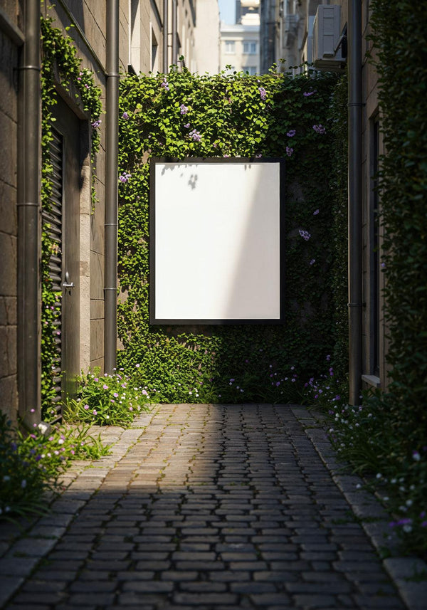 Blank Poster in Charming Narrow Alley with Greenery JPG Mockup Image
