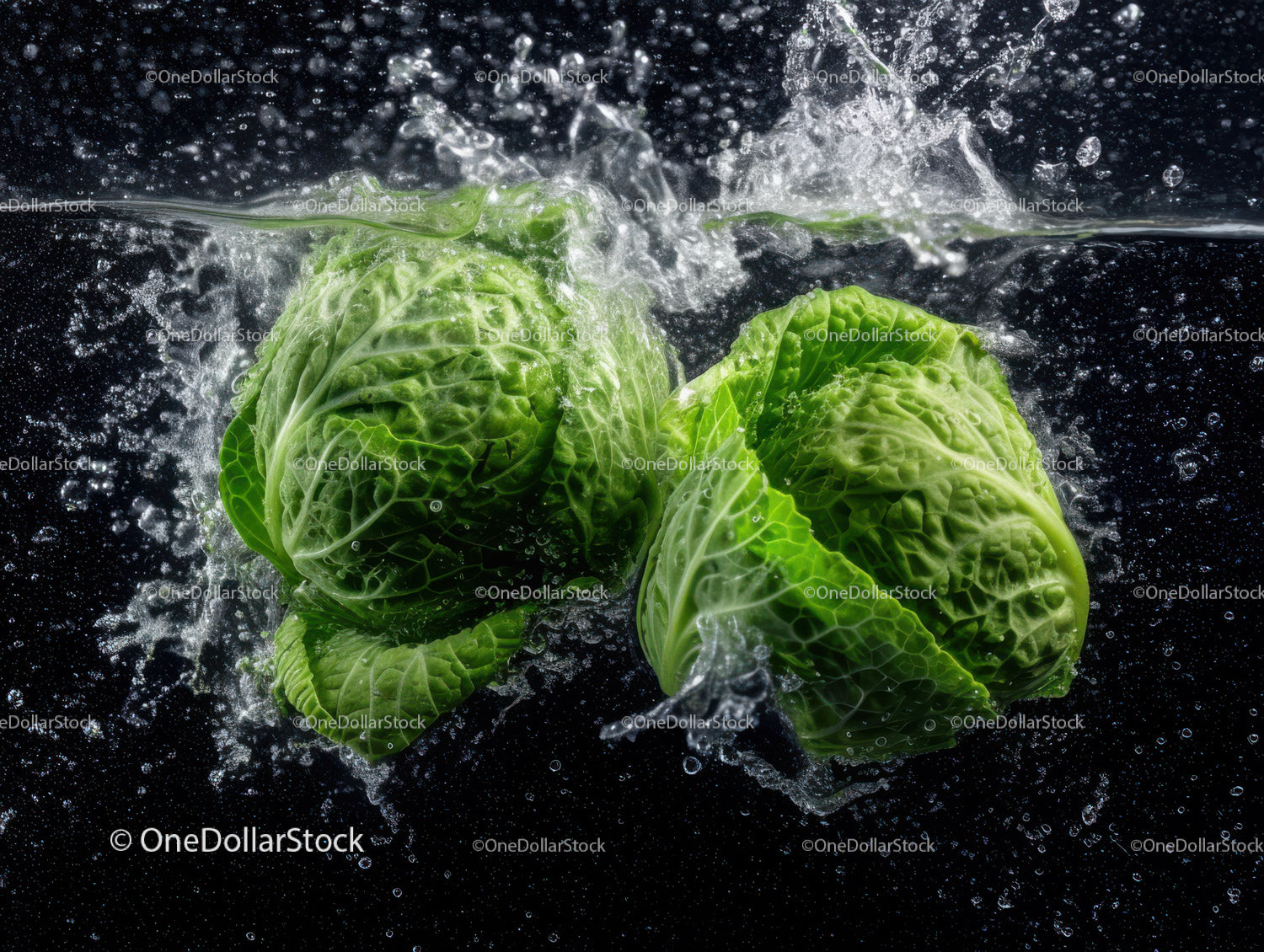 Romanesco broccoli heads in water splash on black background