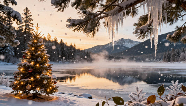 Christmas tree glowing near frozen lake at winter sunset