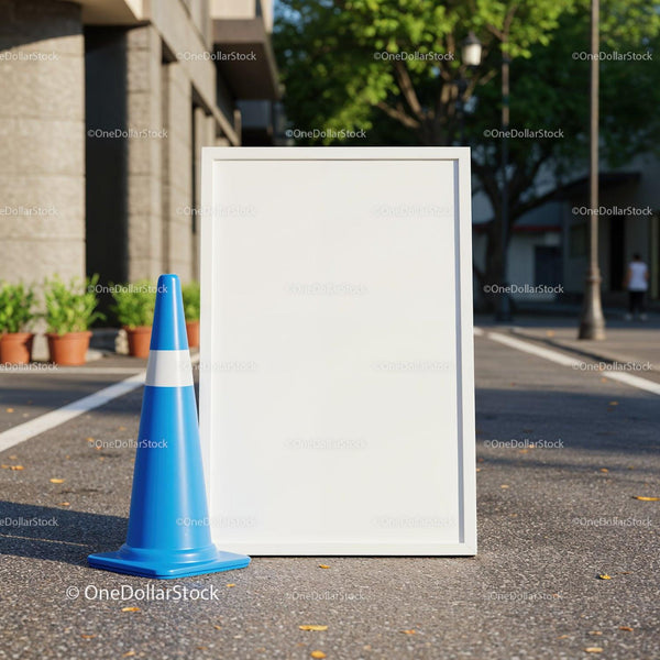 Blank White Board with Blue Traffic Cone on Urban Street JPG Mockup Image