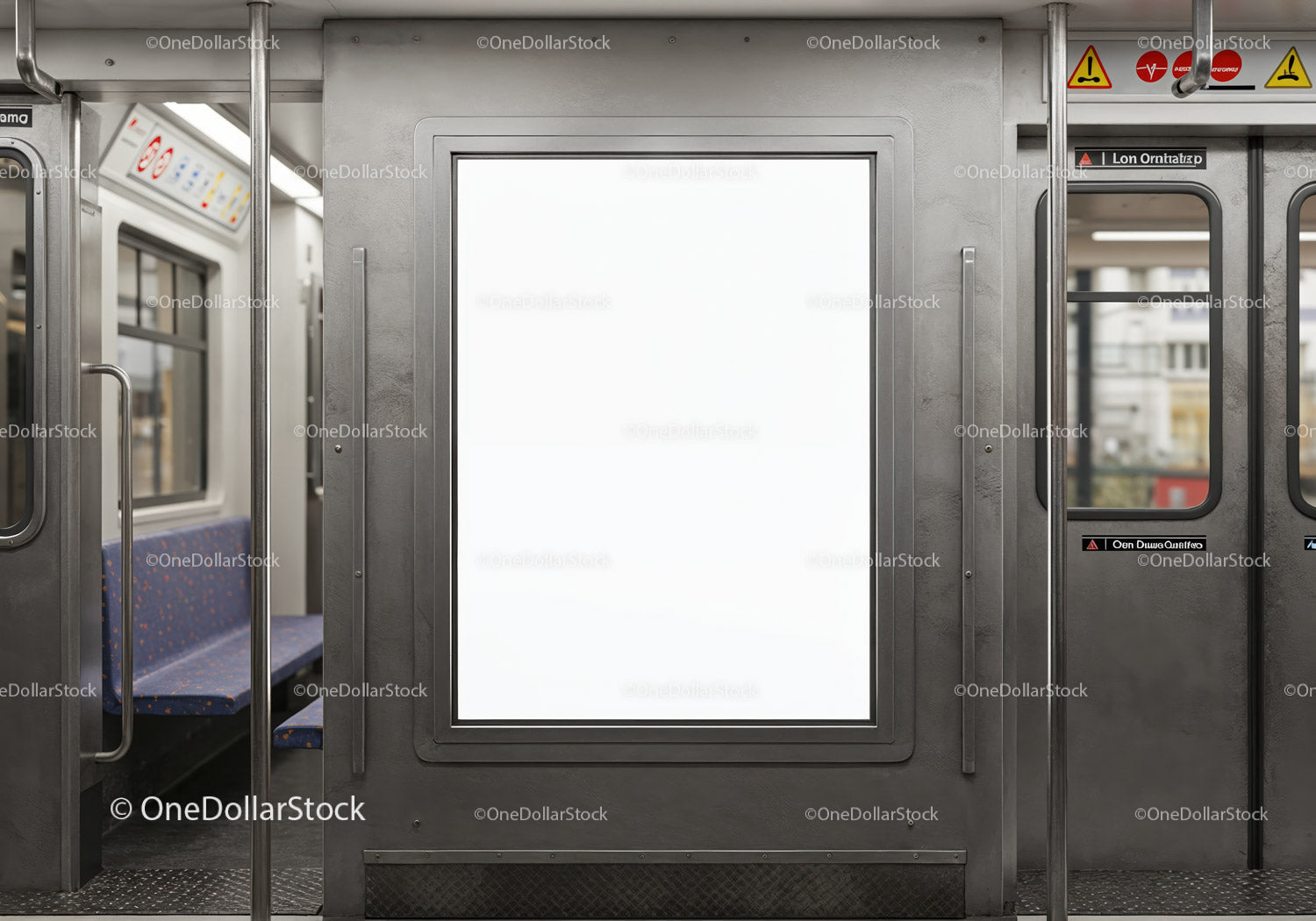 Empty subway car with blank poster advertising space