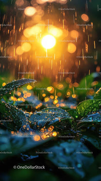 Raindrops on Green Leaves with Bright Sunlight and Bokeh Effect