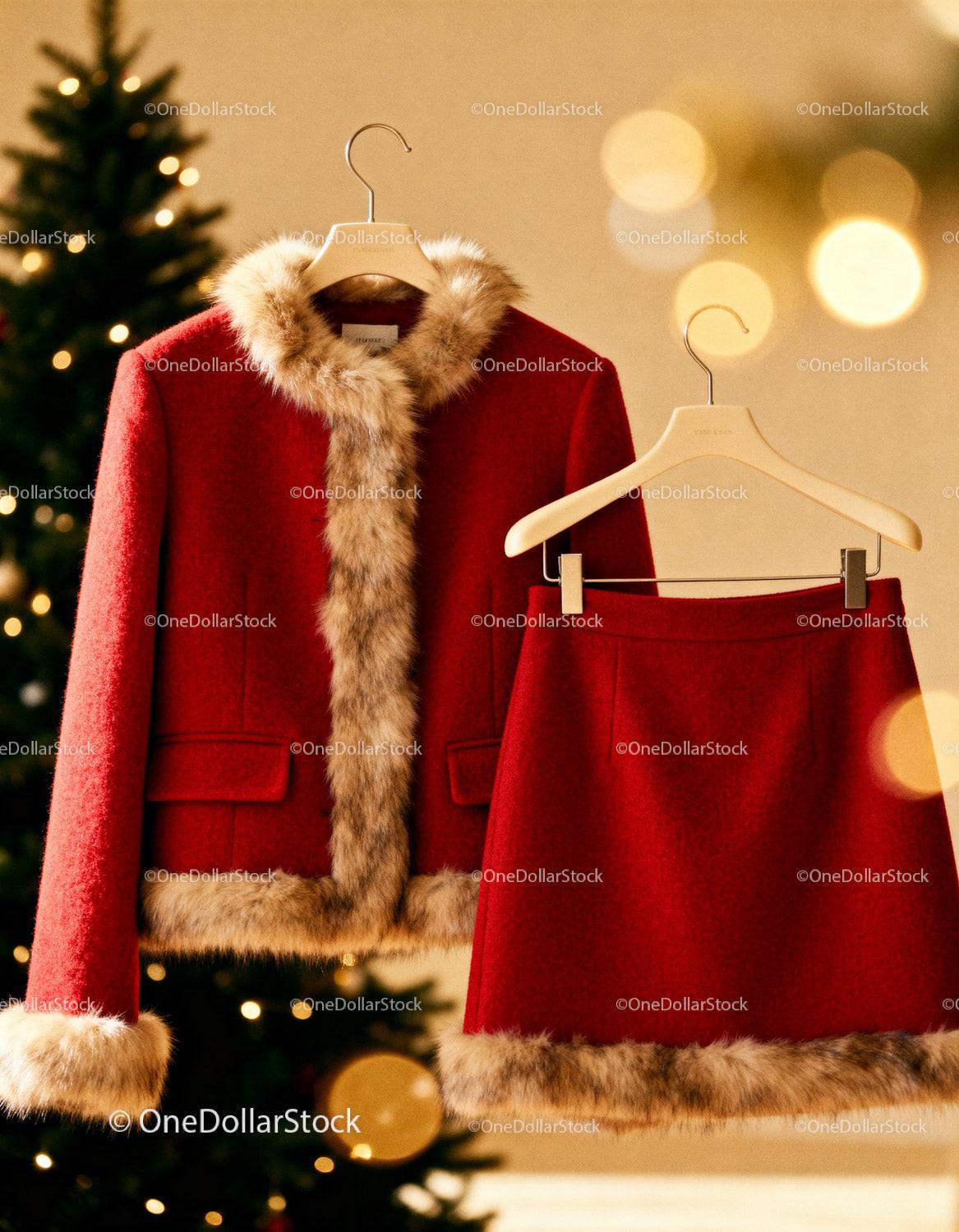 Red Winter Coat and Skirt with Fur Trim Holiday Style