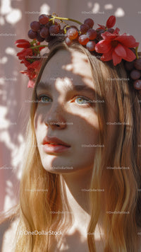 Young Woman with Red Floral Crown and Purple Grapes Outdoor Portrait