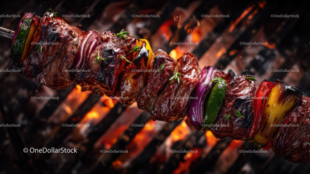Juicy Grilled Meat Skewers with Charred Edges on Open Flame