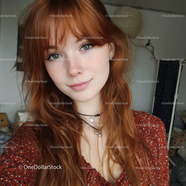 Portrait of a Red-Haired Woman with Freckles and Blue Eyes
