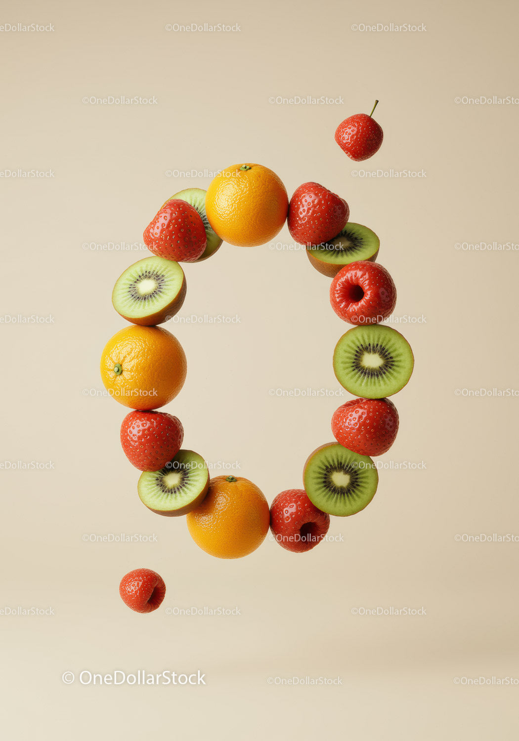 Fresh mixed fruits forming a floating circular composition
