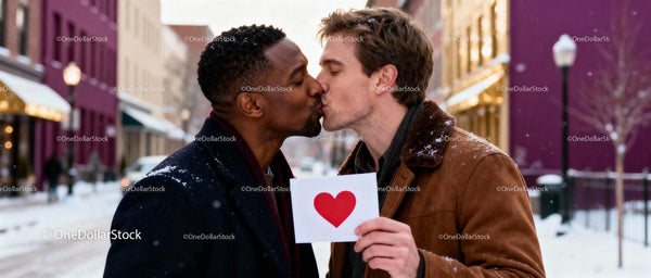 Couple sharing a tender kiss with Valentine card outdoors