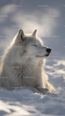 Peaceful Arctic Wolf Lying in Snow Under Soft Winter Light
