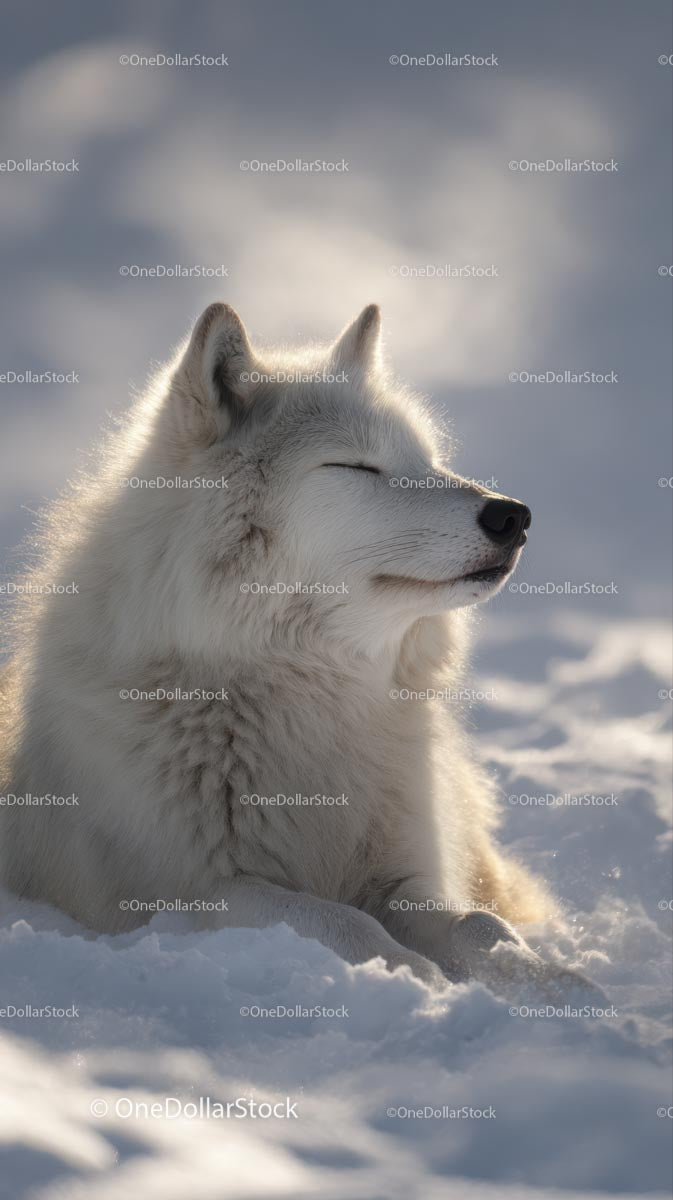 Peaceful Arctic Wolf Lying in Snow Under Soft Winter Light