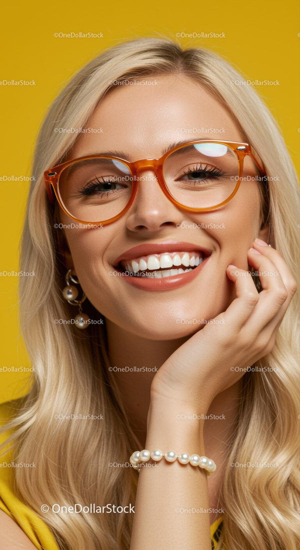 Smiling blonde woman with glasses and pearl jewelry