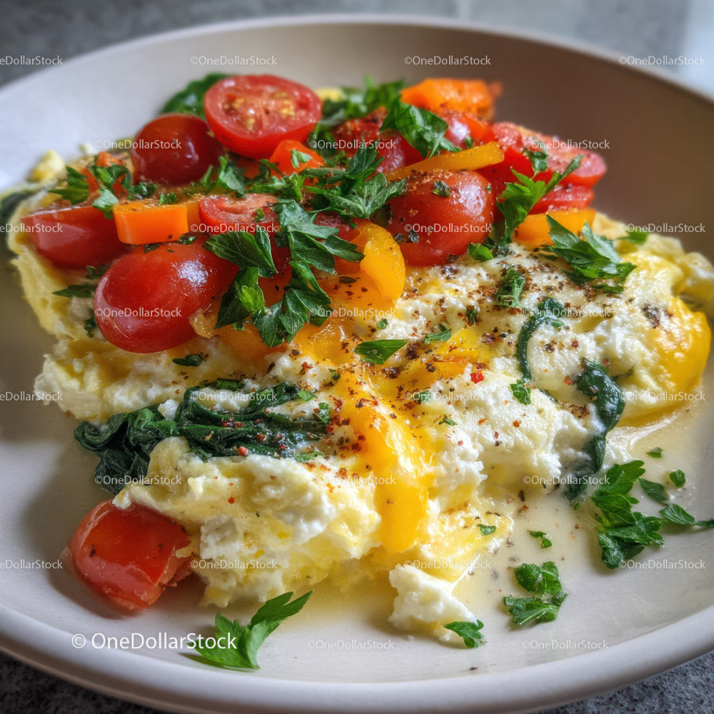Kolorowy omlet warzywny z pomidorkami koktajlowymi i świeżą pietruszką
