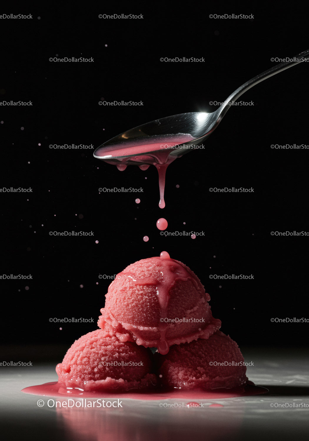Dripping sauce over three scoops of raspberry sorbet