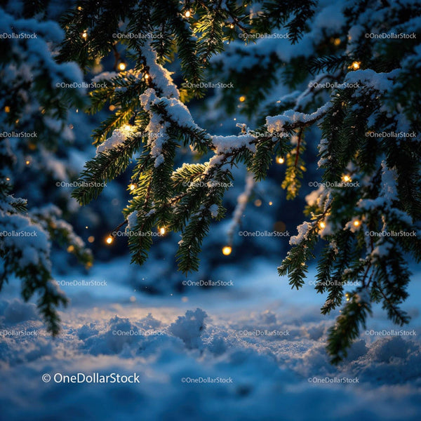 Snow-Covered Pine Branches with Warm Glowing Lights