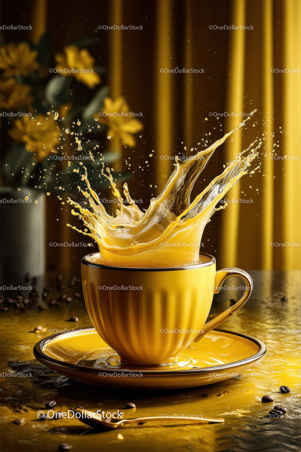 Yellow Coffee Cup with Splashing Coffee and Coffee Beans