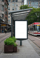 Empty Urban Tram Stop with Blank Advertising Board