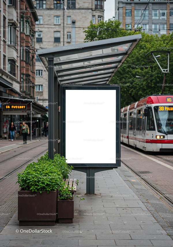 Empty Urban Tram Stop with Blank Advertising Board JPG Mockup Image