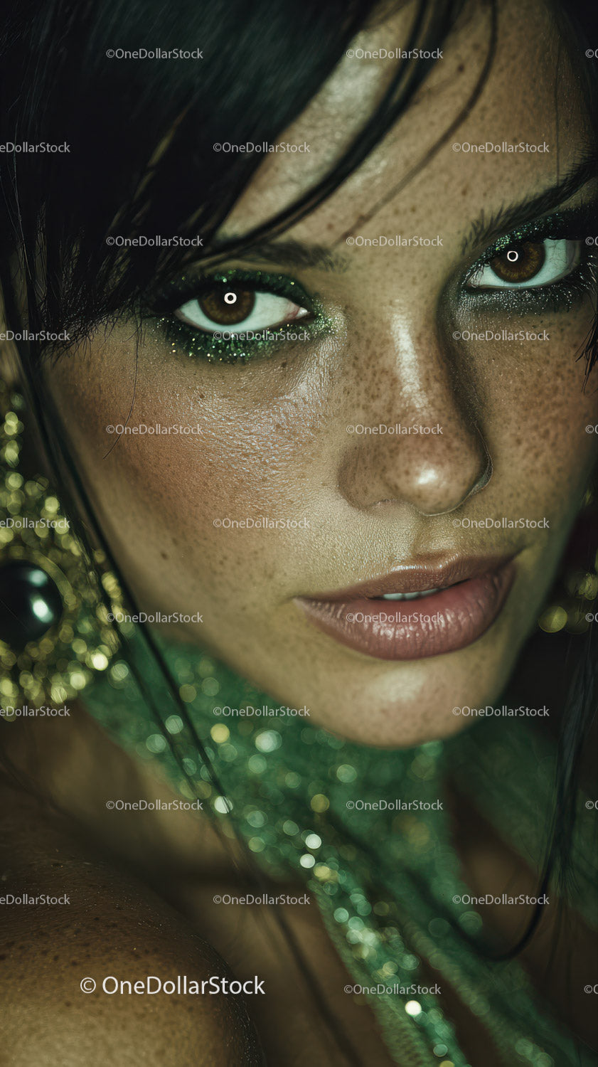 Close-up of a Model with Bright Green Glitter Eyeshadow and Freckles