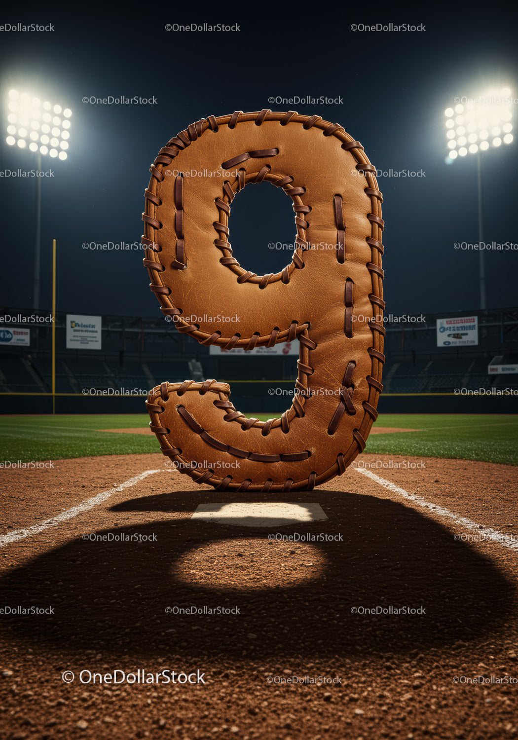 Leather Baseball Glove Shaped Number Nine on Field