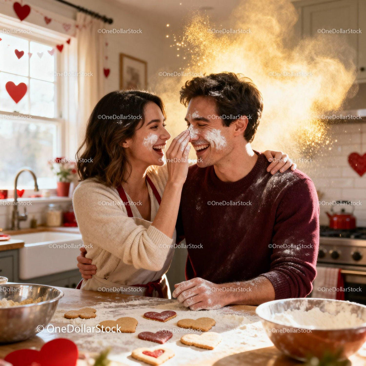 Couple Playfully Baking Heart Cookies Together