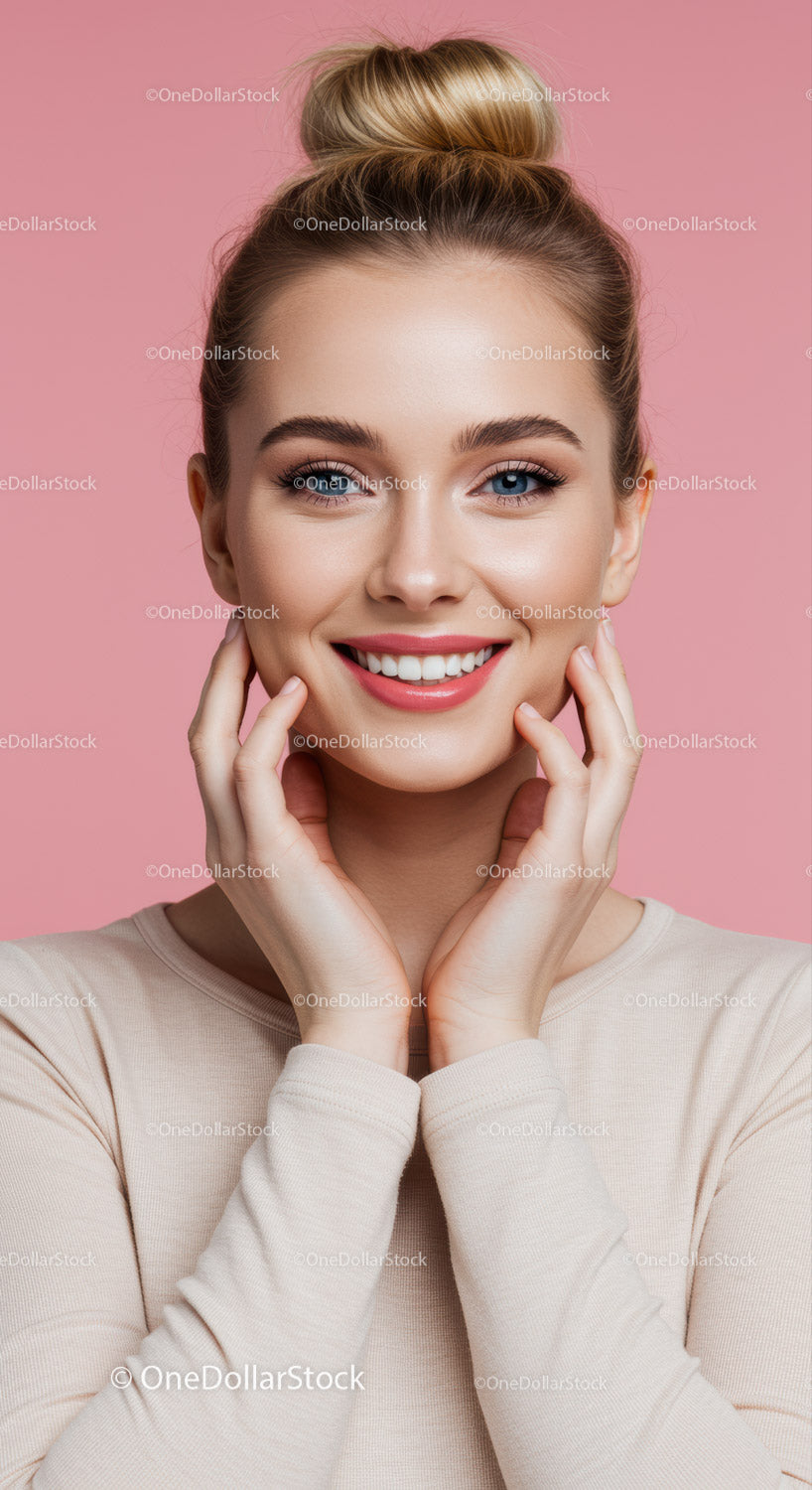 Portret uśmiechniętej kobiety z modnym makijażem i blond włosami