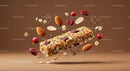 Healthy granola bar with nuts and dried berries floating