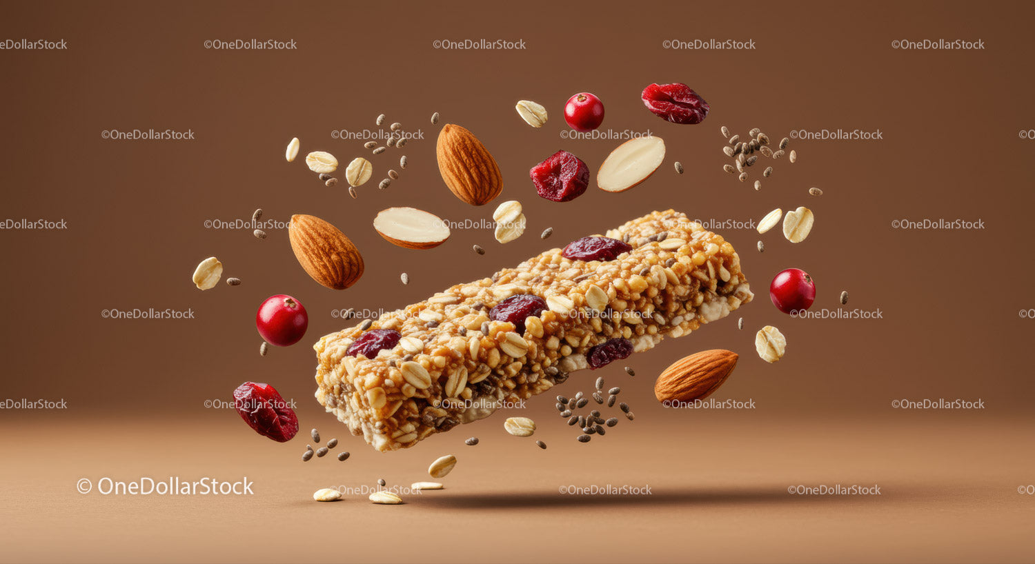 Zdrowy batonik granola z orzechami i suszonymi jagodami pływający w wodzie