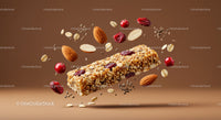 Healthy granola bar with nuts and dried berries floating