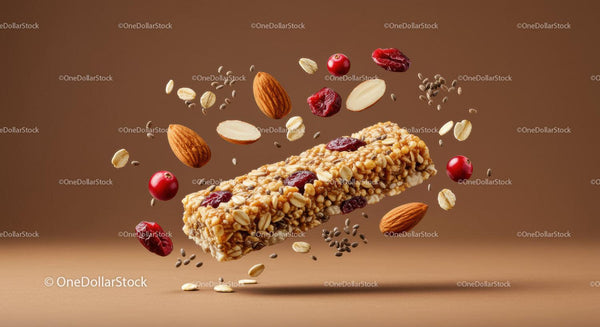 Healthy granola bar with nuts and dried berries floating