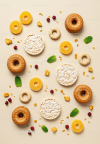 Assorted healthy snacks with fruit and mint leaves