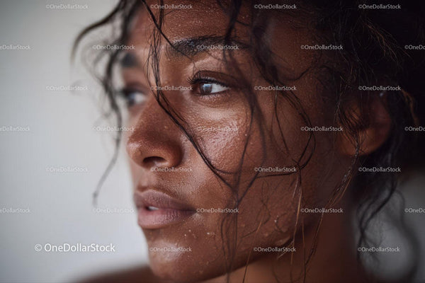 Close-Up of a Woman with Wet Skin and Curly Hair in Glamorous Style