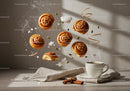 Floating Cinnamon Rolls with Coffee and Spices on Cloth