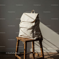 Minimalist beige backpack on rustic wooden stool