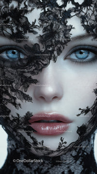 Elegant Woman with Blue Eyes Wearing Black Lace Mask