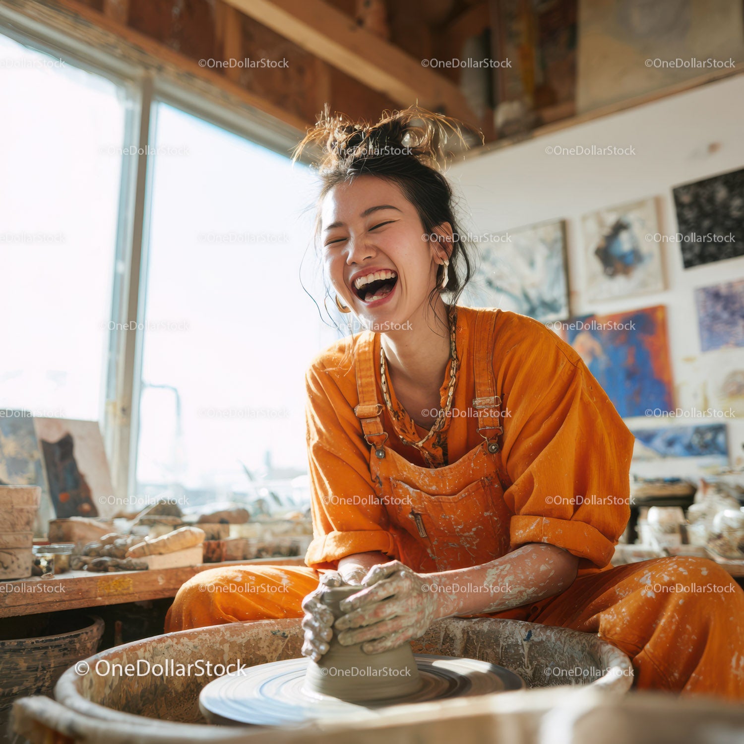 Joyful Woman Creating Handmade Pottery in Artistic Studio