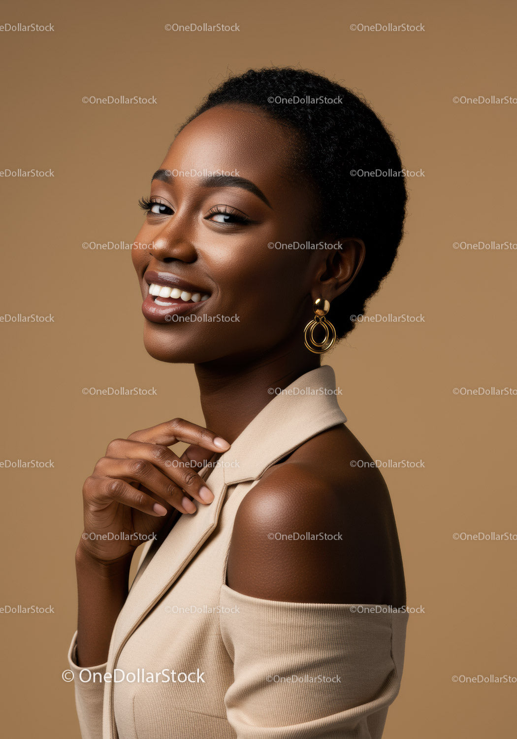 Elegant Black Woman with Short Hair and Gold Earrings Smiling Portrait