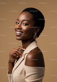 Elegant Black Woman with Short Hair and Gold Earrings Smiling Portrait