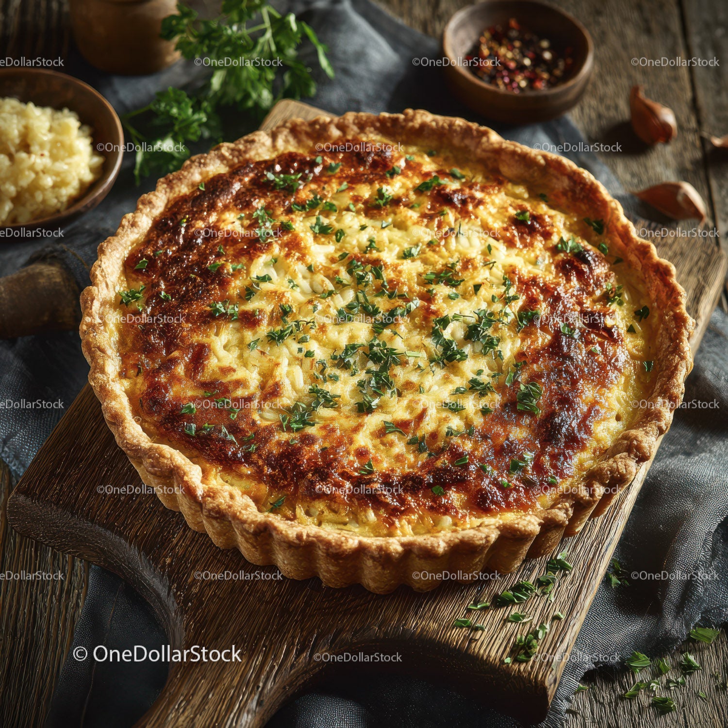 Cheese Quiche with Fresh Herbs on Rustic Wooden Board