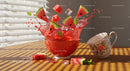 Watermelon slices splashing in vibrant red juice bowl