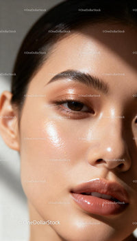 Close-up of woman with glowing natural skin and glossy lips