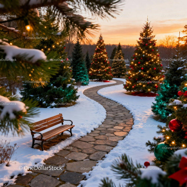 Curved stone path through snowy park with decorated Christmas trees