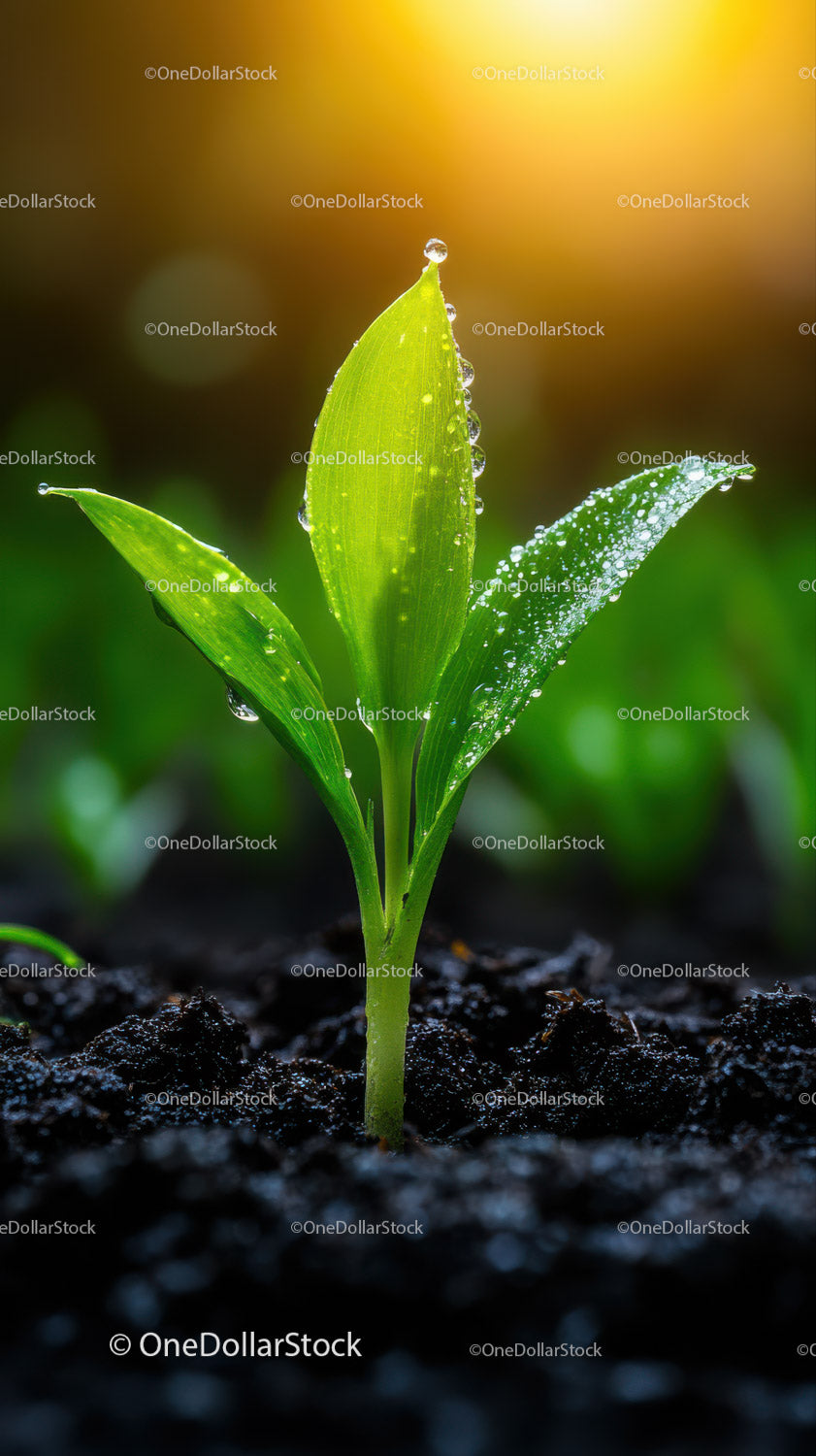 Fresh Green Seedling with Dew Drops in Natural Soil Landscape