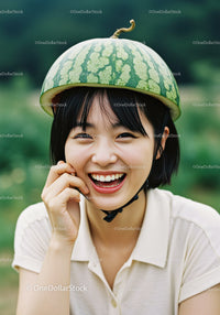 Young woman laughing wearing a watermelon helmet outdoors