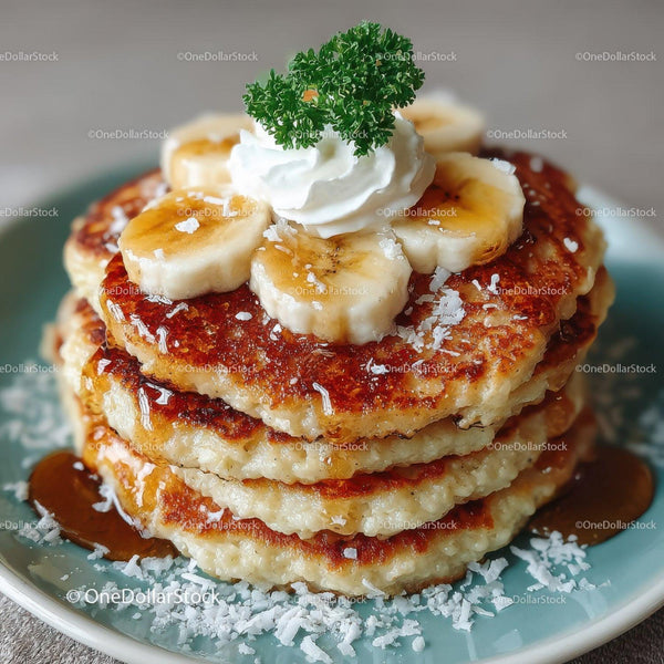 Stack of Banana Pancakes with Sliced Bananas and Whipped Cream