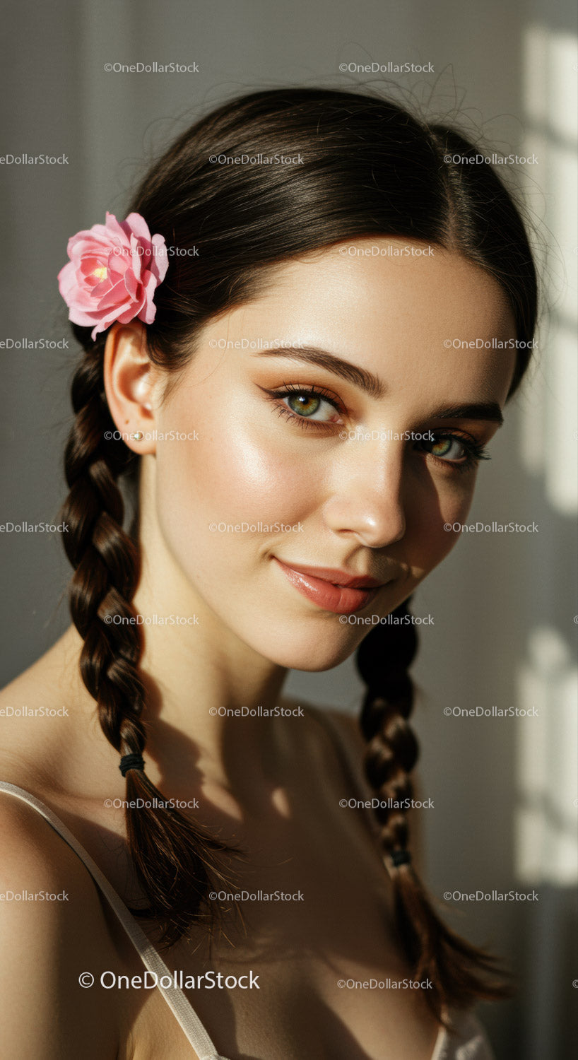 Young Woman with Braided Hair and Pink Flower Accessory Portrait